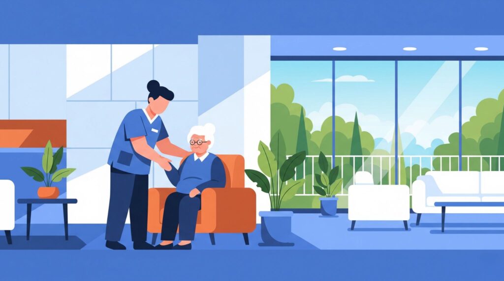 大阪府の特定施設入居者生活介護の費用や特徴を解説する記事に向けた、モダンな施設内で高齢者をサポートする介護士のフラットベクターイラスト。